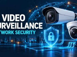Two IP surveillance cameras connected to a network switch beside a glowing shield and padlock, with text reading “IP Video Surveillance — Network Security.”