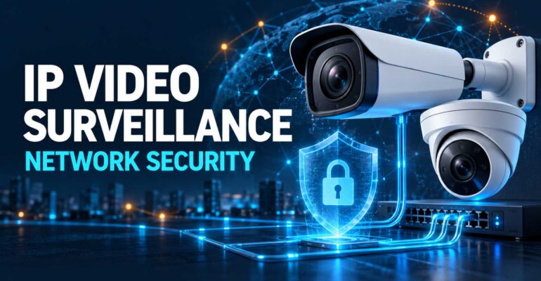 Two IP surveillance cameras connected to a network switch beside a glowing shield and padlock, with text reading “IP Video Surveillance — Network Security.”